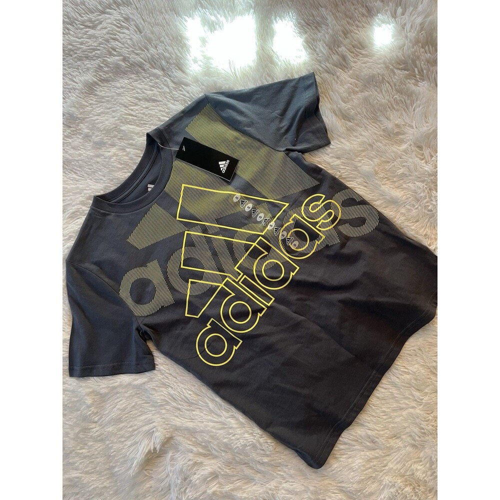 Adidas Boys Essentials Logo T-Shirt Dark Grey Yellow Size S (8) NWT Cotton Tee
